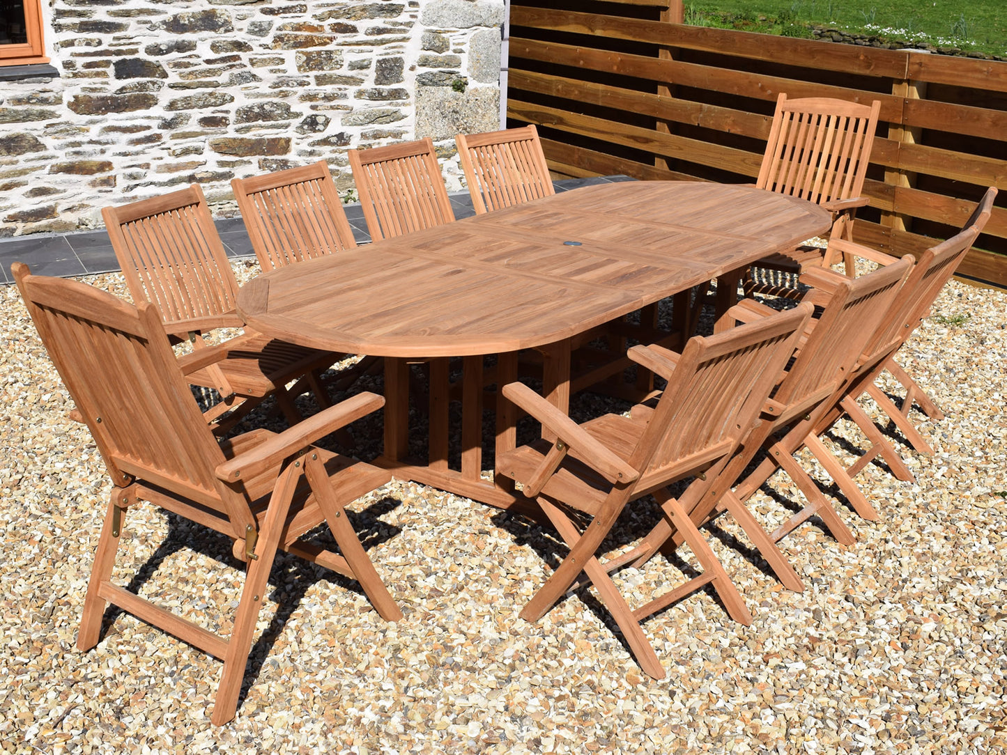 10 Seater Oval Double Extending Teak Set with Folding Armchairs and Recliners