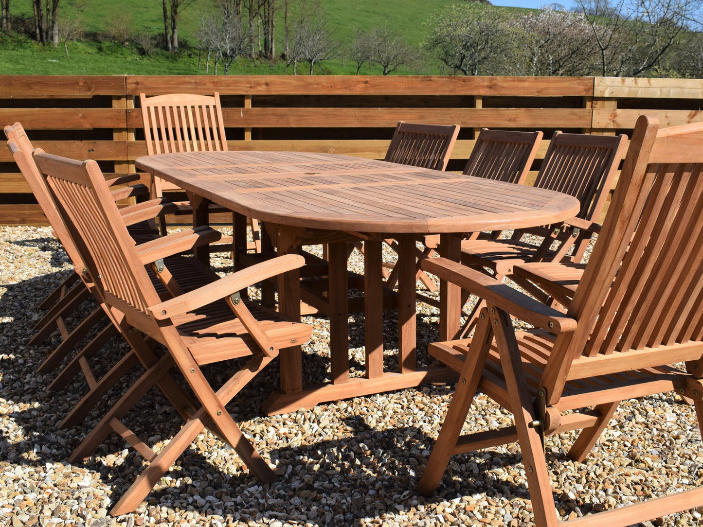 10 Seater Oval Double Extending Teak Set with Folding Armchairs and Recliners