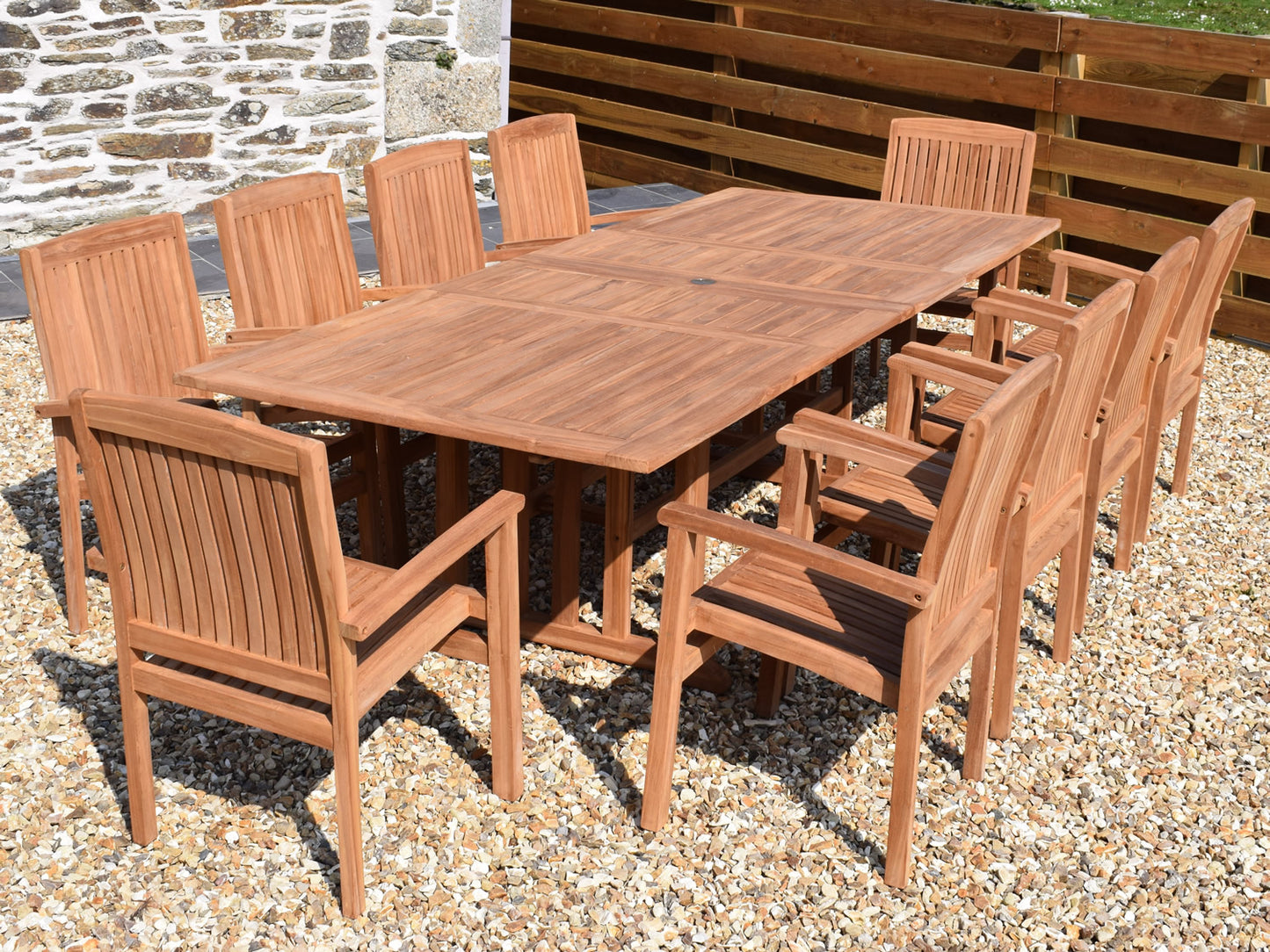 10 Seater Rectangular Double Extending Teak Set with Henley Stacking Armchairs