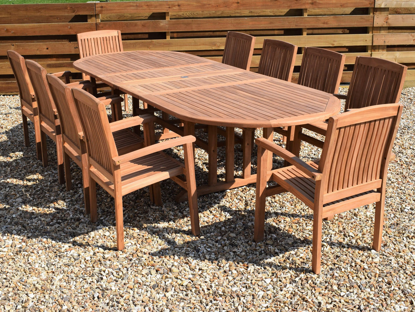10 Seater Oval Double Extending Teak Set with Stacking Armchairs