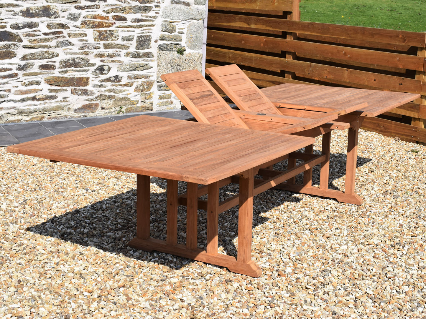12 Seater Rectangular Double Extending Teak Set with Folding Armchairs & Recliners