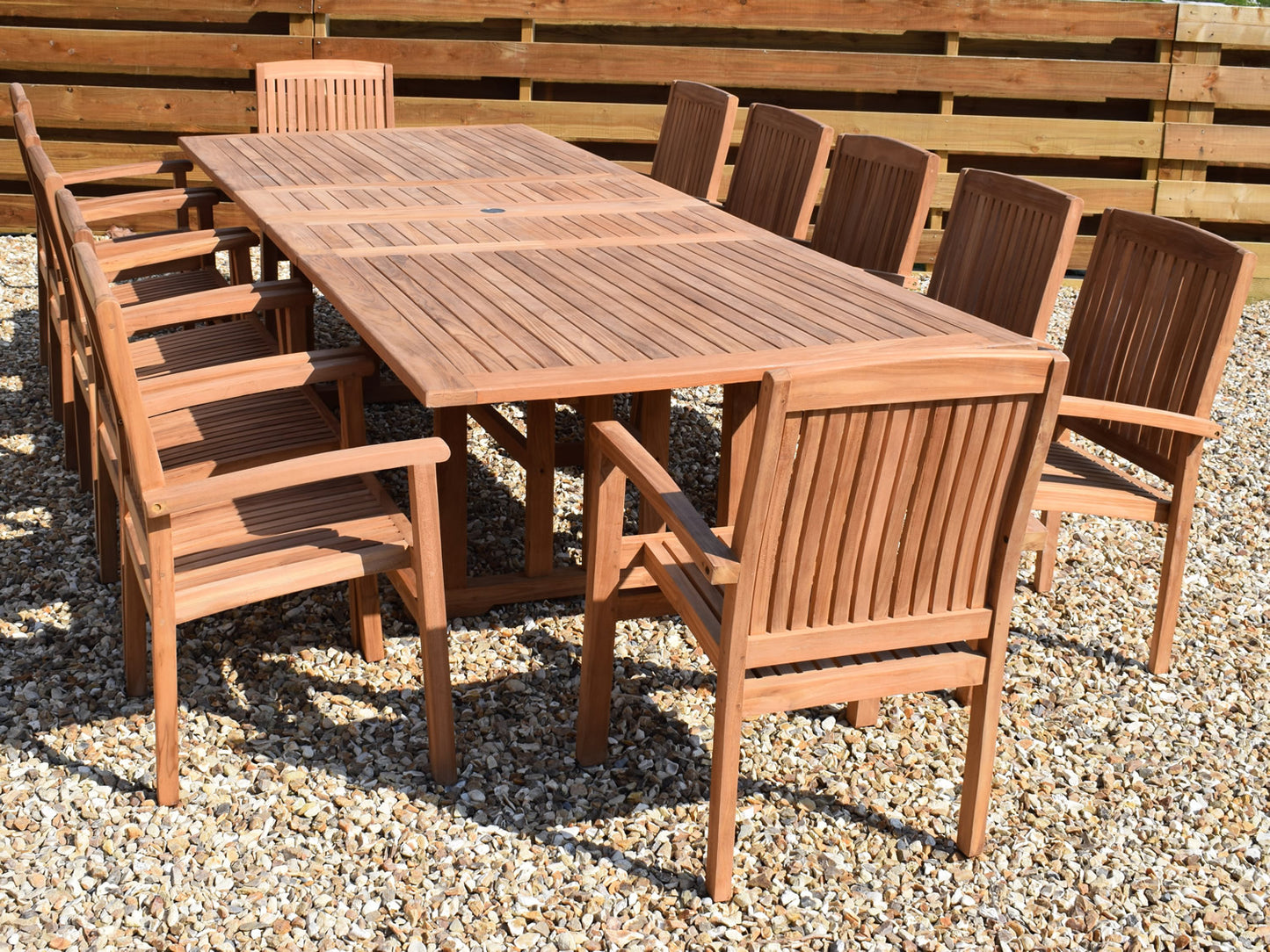 12 Seater Rectangular Double Extending Teak Set with Henley Stacking Armchairs