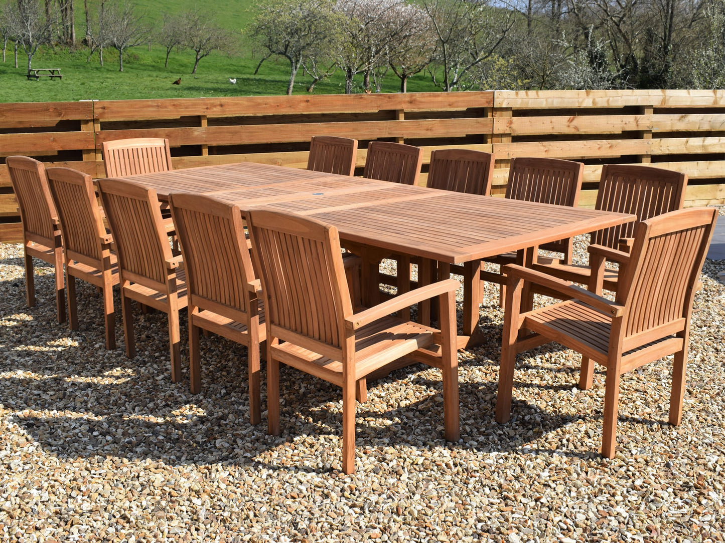 12 Seater Rectangular Double Extending Teak Set with Henley Stacking Armchairs