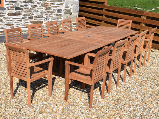 12 Seater Rectangular Double Extending Teak Set with Newbury Stacking Armchairs