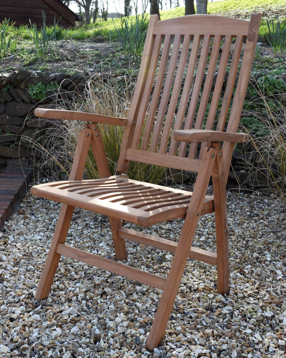 10 Seater Oval Double Extending Teak Set with Folding Armchairs and Recliners