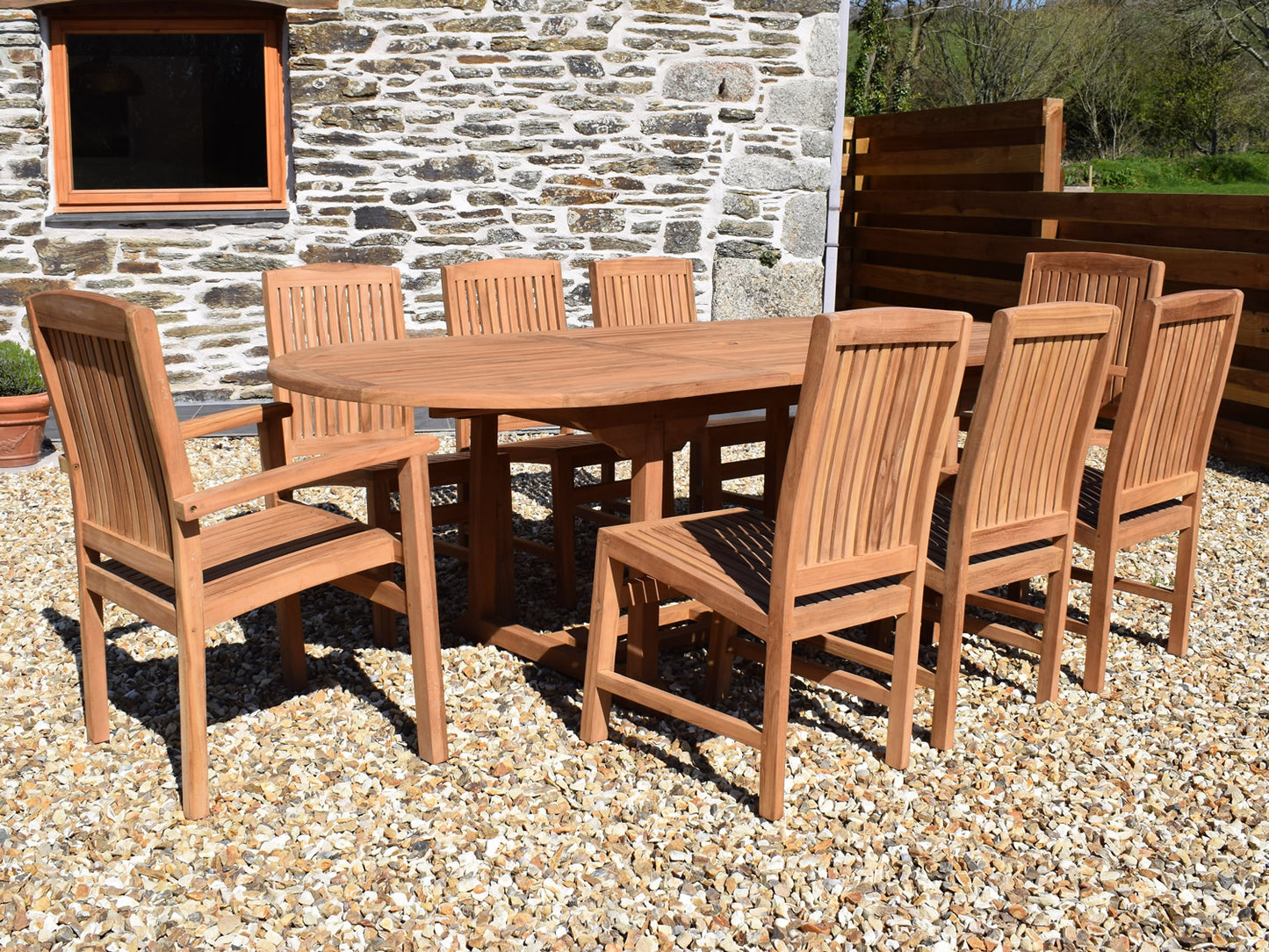 8 Seater Oval Extending Teak Set with Dining Chairs & Stacking Armchairs