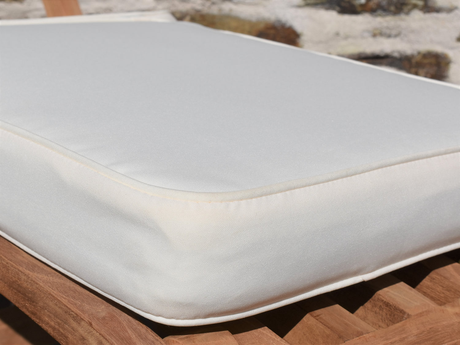 Natural ecru cream colour garden steamer chair cushion close up fabric detail
