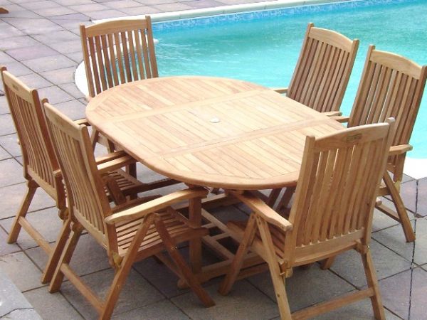 luxury teak six seater garden dining set with extending table and six reclining armchairs