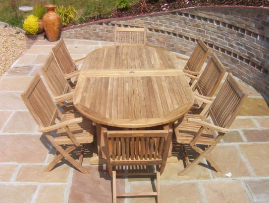 8 Seater Oval Pedestal Teak Set with Folding Armchairs
