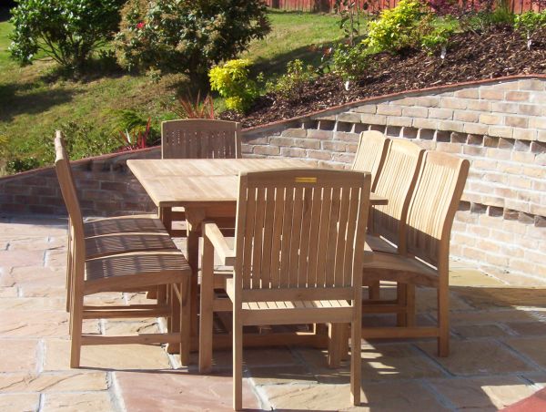 8 Seater Rectangular Pedestal Teak Set with Dining Chairs & Stacking Armchairs