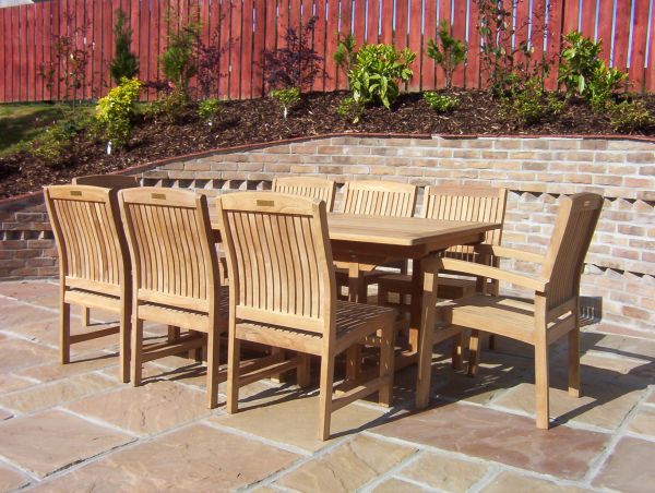 8 Seater Rectangular Pedestal Teak Set with Dining Chairs & Stacking Armchairs