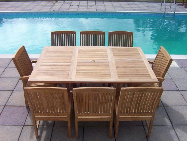 8 Seater Square Extending Teak Set with Dining Chairs & Stacking Armchairs