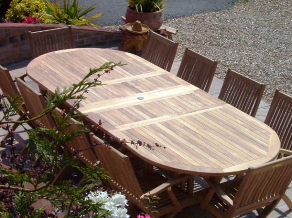 10 Seater Oval Double Extending Teak Set with Folding Armchairs