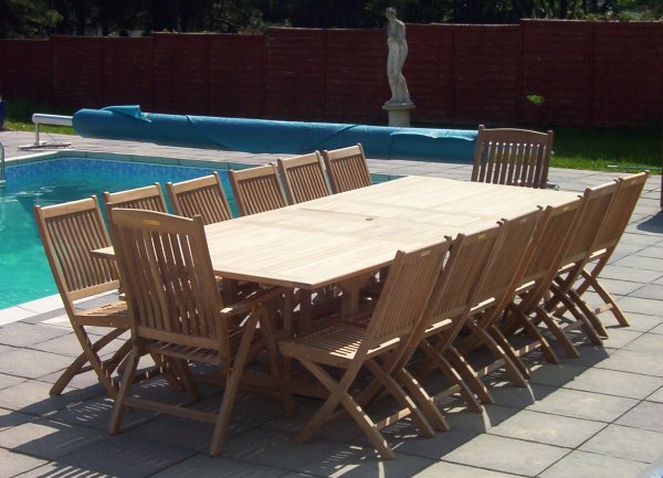 14 Seater Rectangular Double Extending Teak Set with Folding Chairs & Recliners