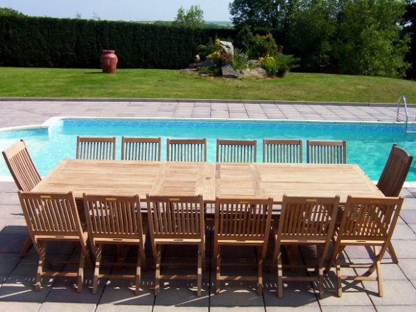 14 Seater Rectangular Double Extending Teak Set with Folding Chairs & Recliners