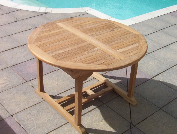 teak round 120cm extending 6 seater garden dining table