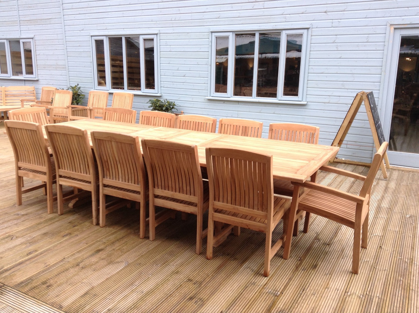 12 Seater Rectangular Double Extending Teak Set with Dining Chairs & Stacking Armchairs