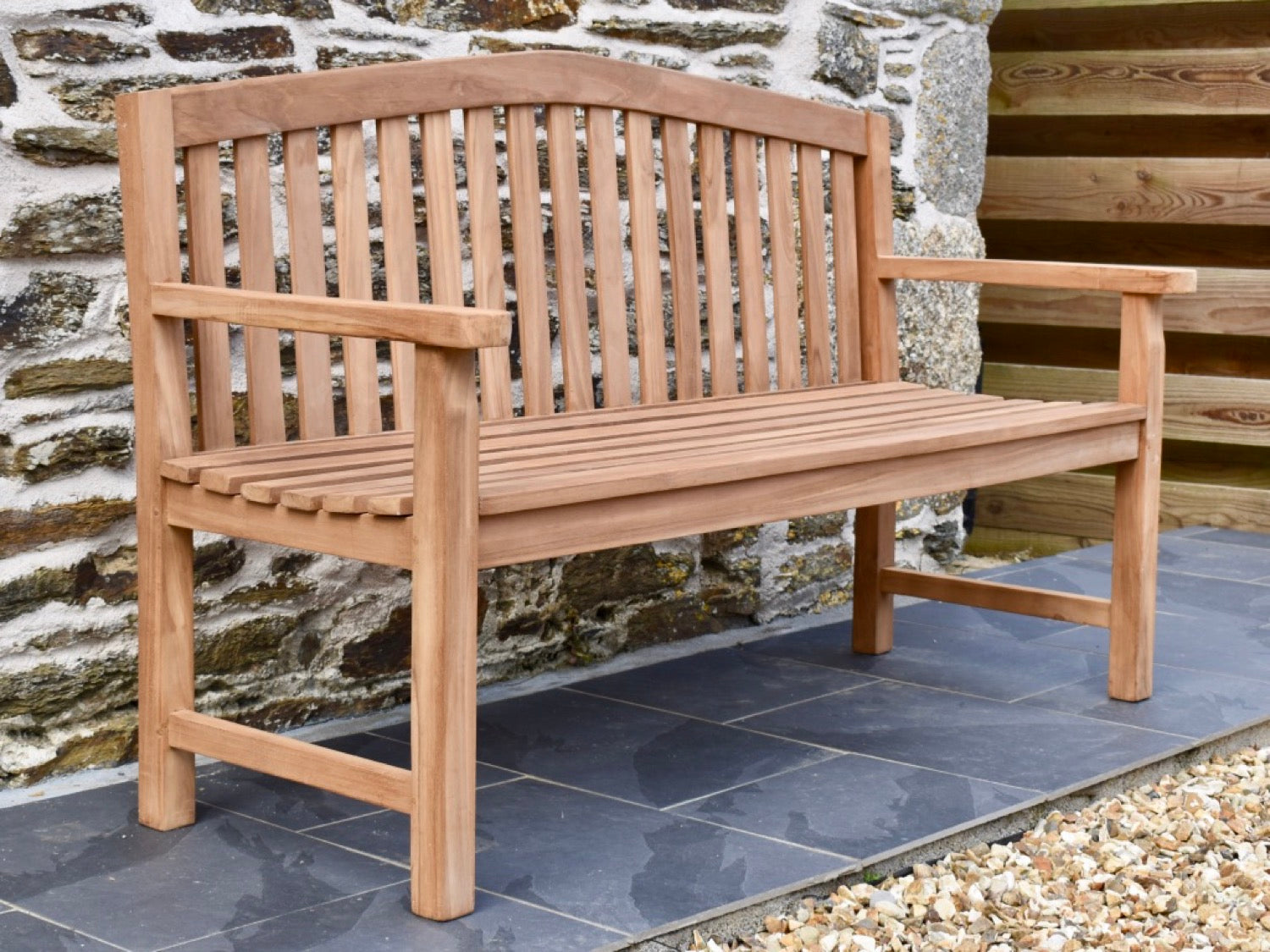 3 seater teak garden bench with curved back rail
