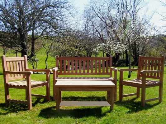 4 Seater Rectangular Coffee Table Teak Set with Classic Garden Bench & Armchairs