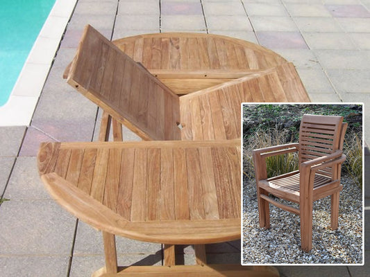 6 Seater Round Extending Teak Set with Newbury Stacking Armchairs