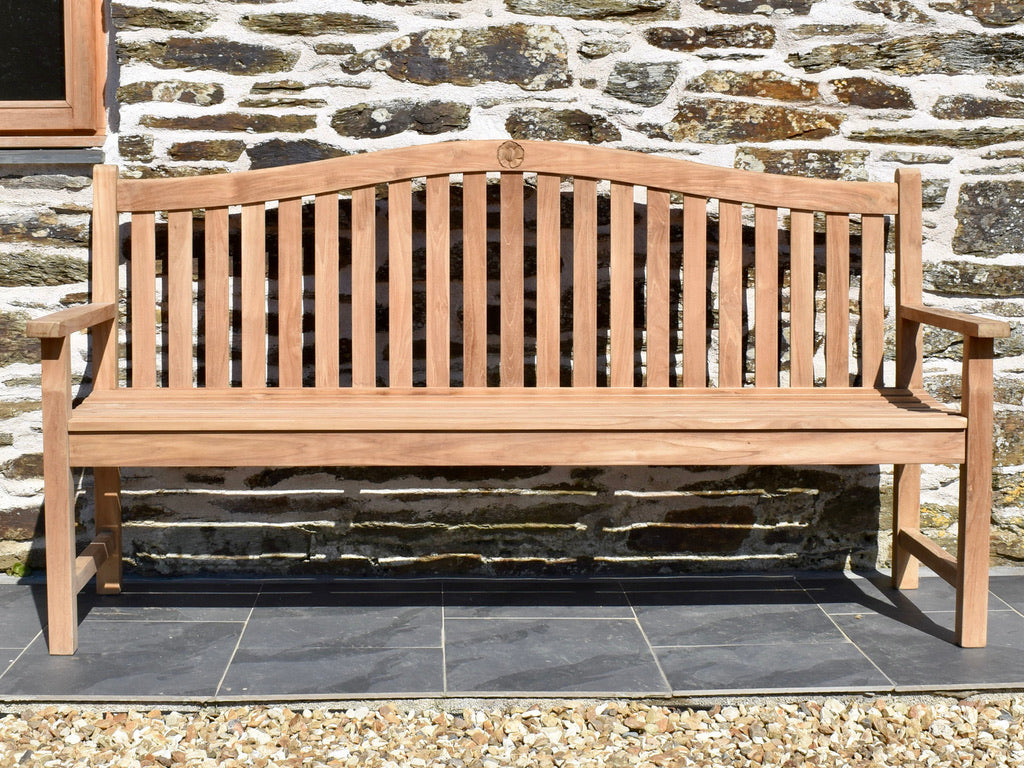 classic teak 6ft garden seat with an elegantly curved back rail and vertical back slats