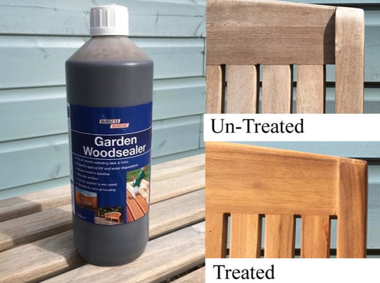 1 litre bottle of garden furniture teak/hardwood sealer treatment and illustration of treated vs. untreated wood