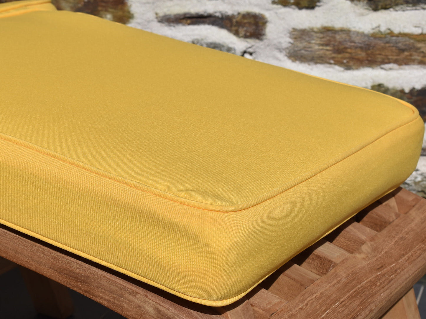 yellow steamer chair cushion fabric detail